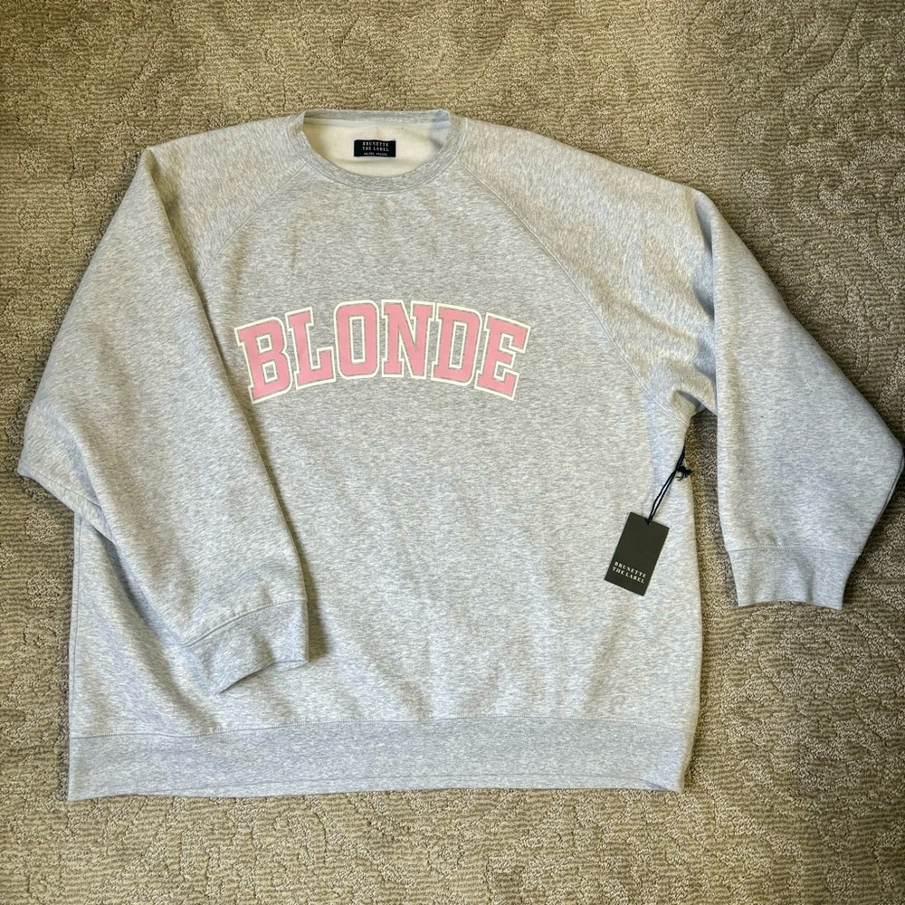 BLONDE Not Your Boyfriend's Varsity Crew Neck Sweatshirt Pebble Grey & Baby Pink
